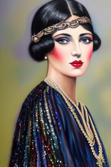 highly artistic gouache painting; beautiful girl with 1900s ...