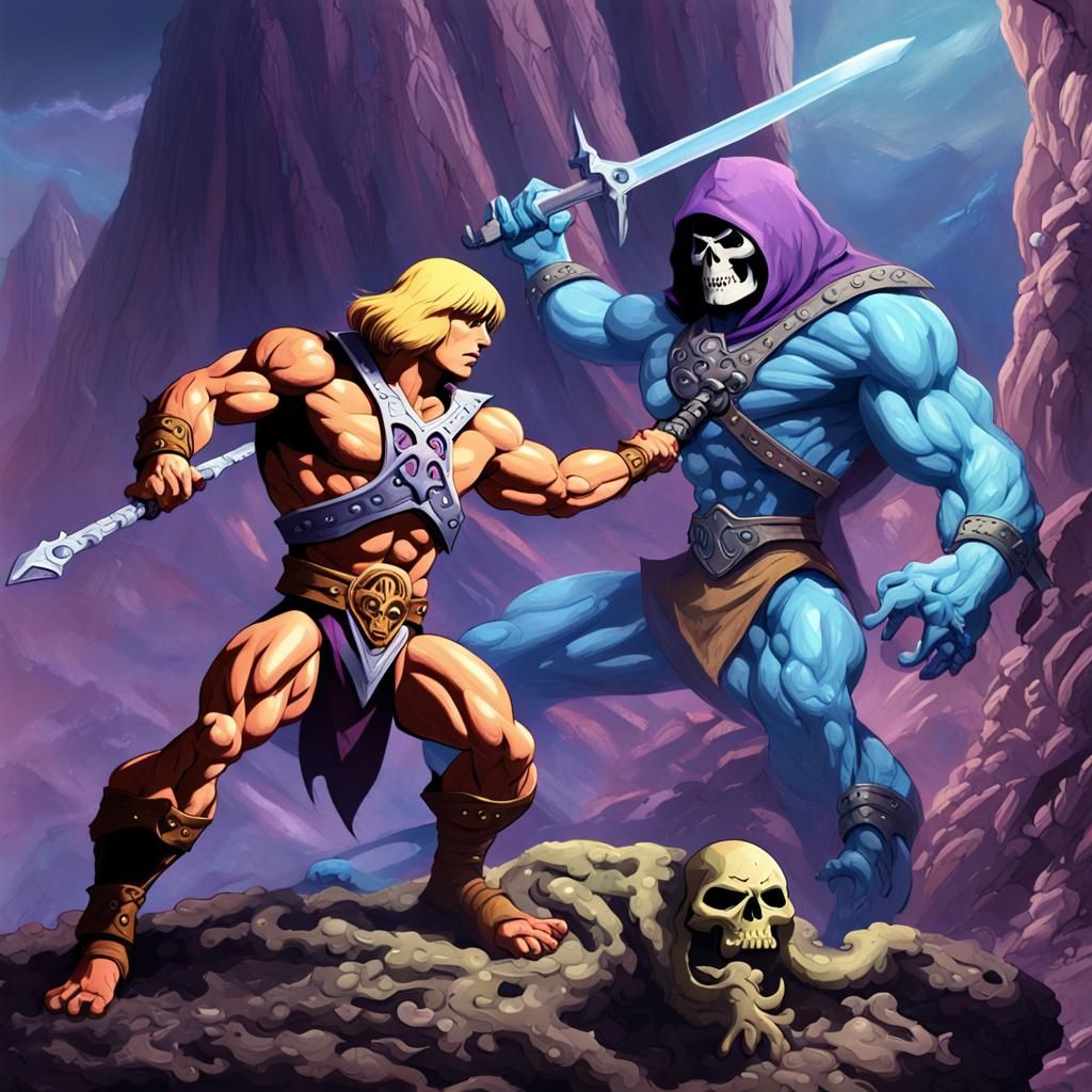 He-Man and Skeletor fighting at the base of Snake Mountain ;Digital ...