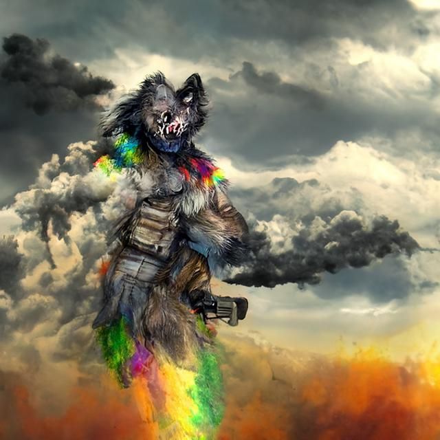 Post apocalyptic werewolf with clouds and rainbows