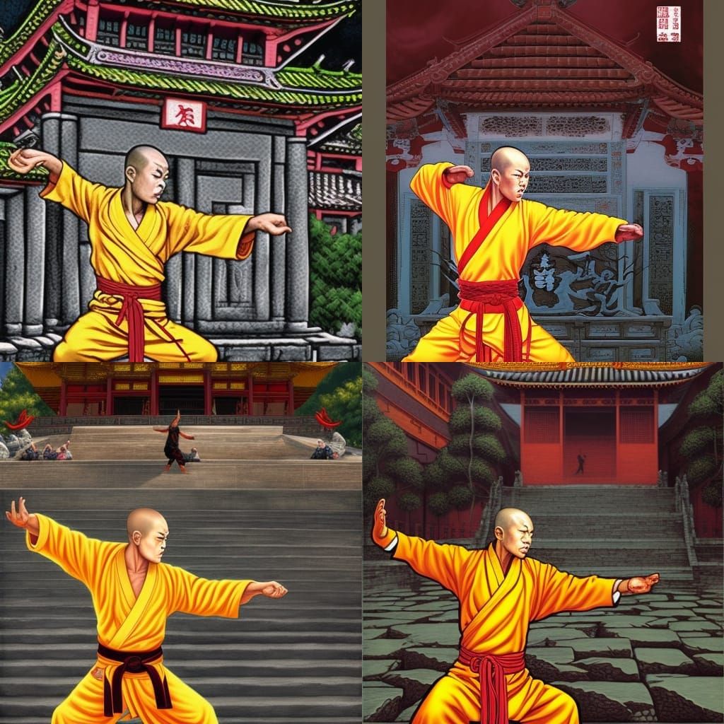 shaolin monk doing kung fu on temple yard, concept art - AI Generated ...