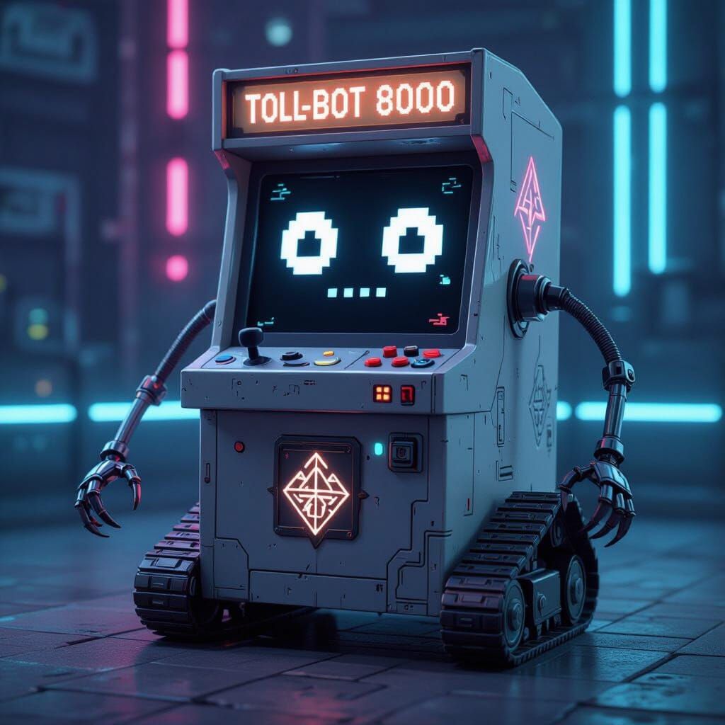 Living grey arcade machine with simple pixel eyes and simple pixel mouth on screen and one thin mechanical tendril-like arm that end in a gr...