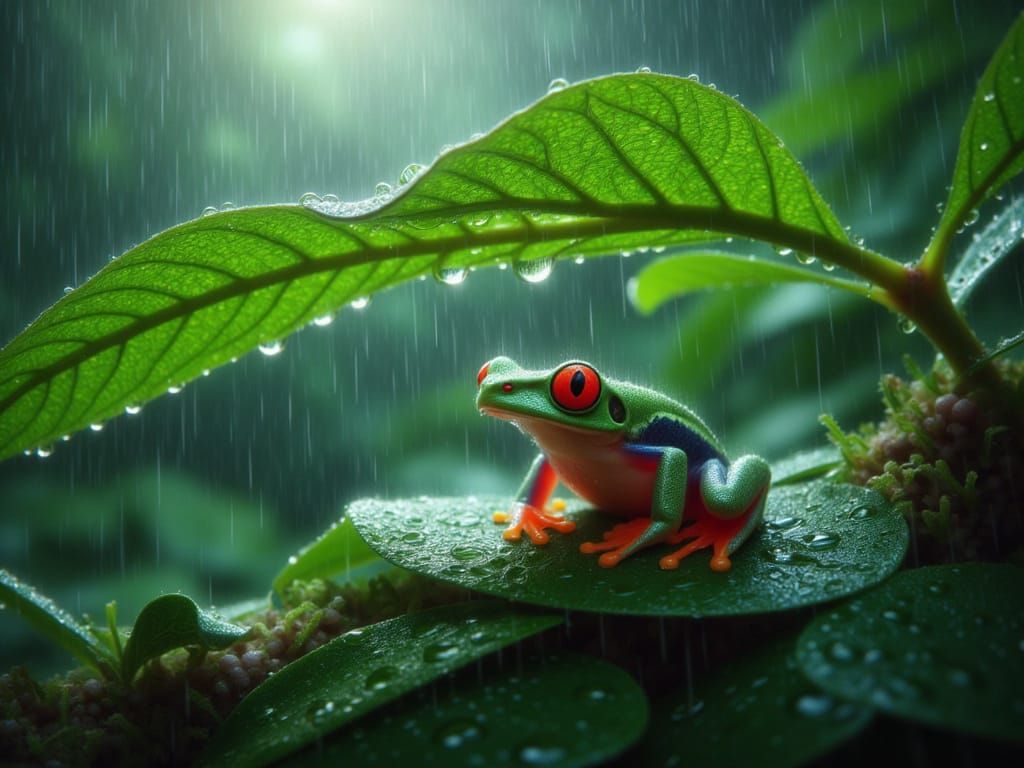 <lora:FiosAnimalsInTheRain:1.0> Froggy in the Rain