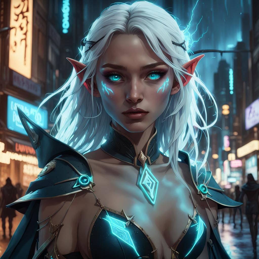 Cyberpunk Elf Summons Thunder in Neon City