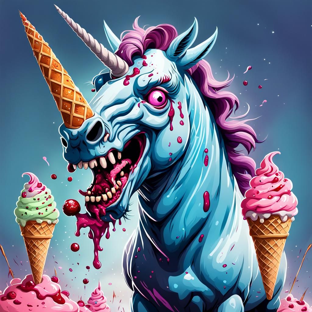 A evil cartoon unicorn with ice cream cones