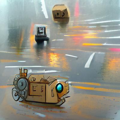 A small boxy robot rolling to work, on a rainy road, between...
