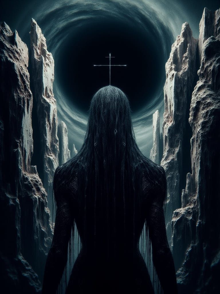 Dark Cosmic Goddess in Chains, Adorned with Chainmail, Stand...