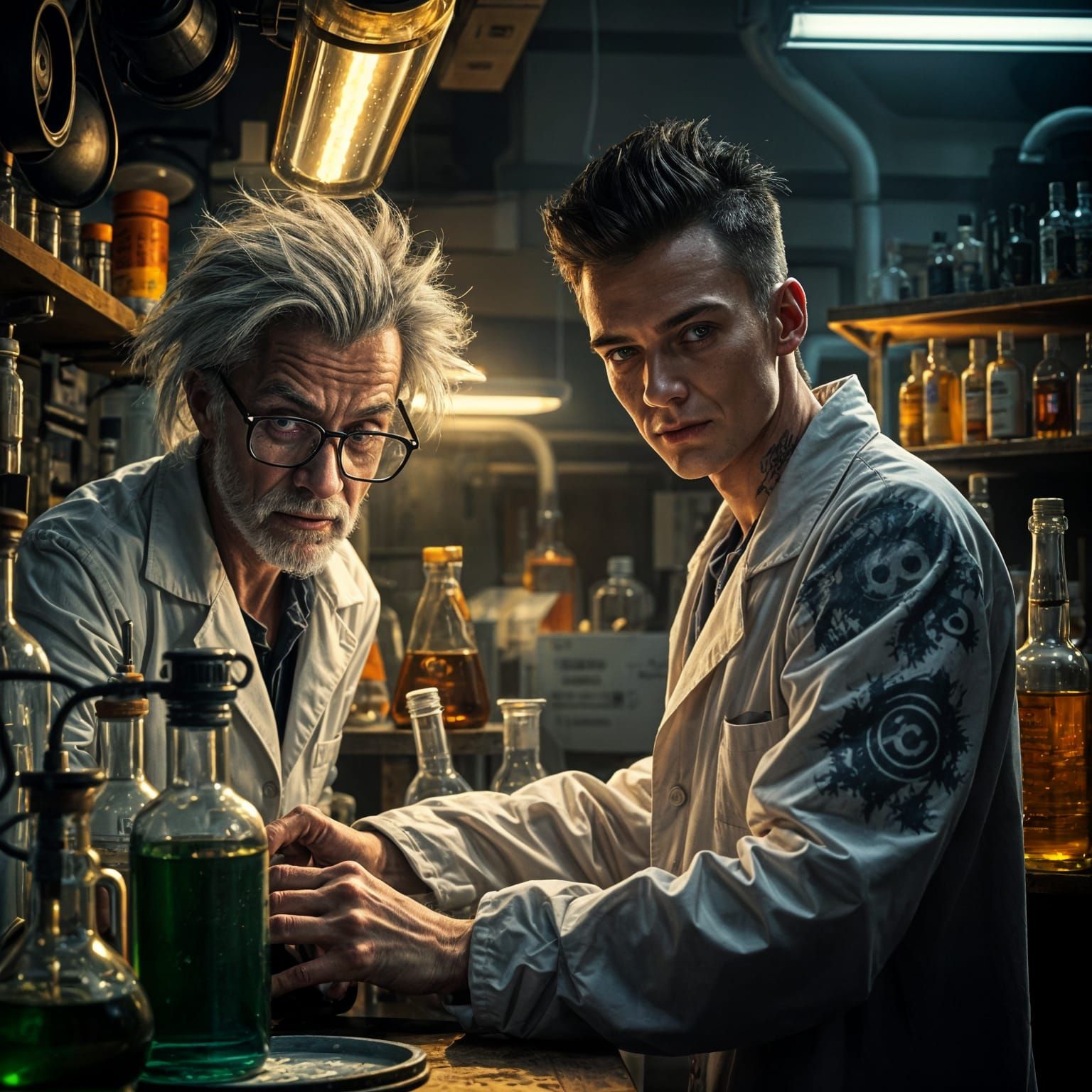 Evil old scrawny scientist works in lab to create a virus that will eliminate 90% of the world's population...