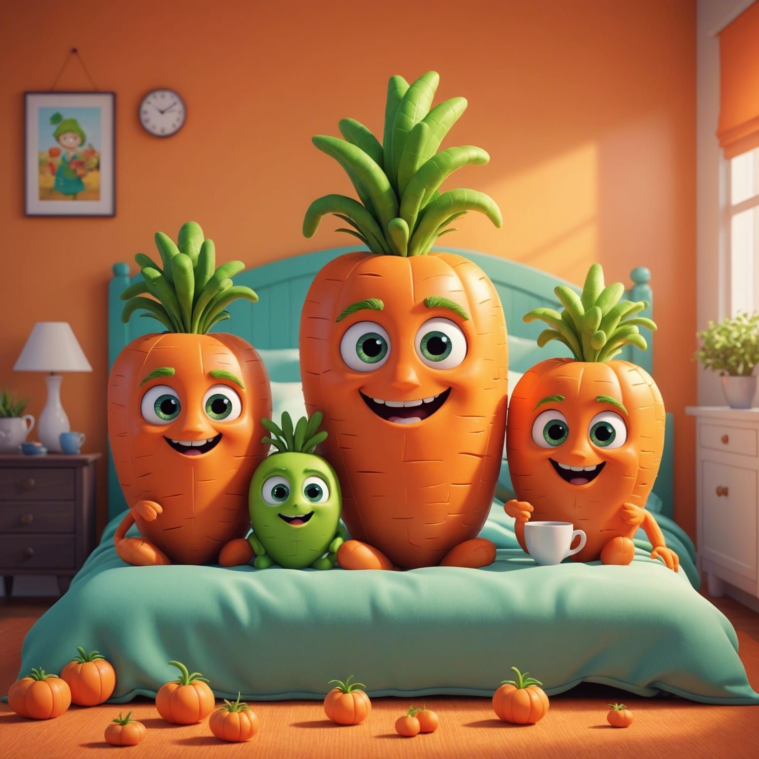 Chibi carrot family with shaggy carrot tops in bed.