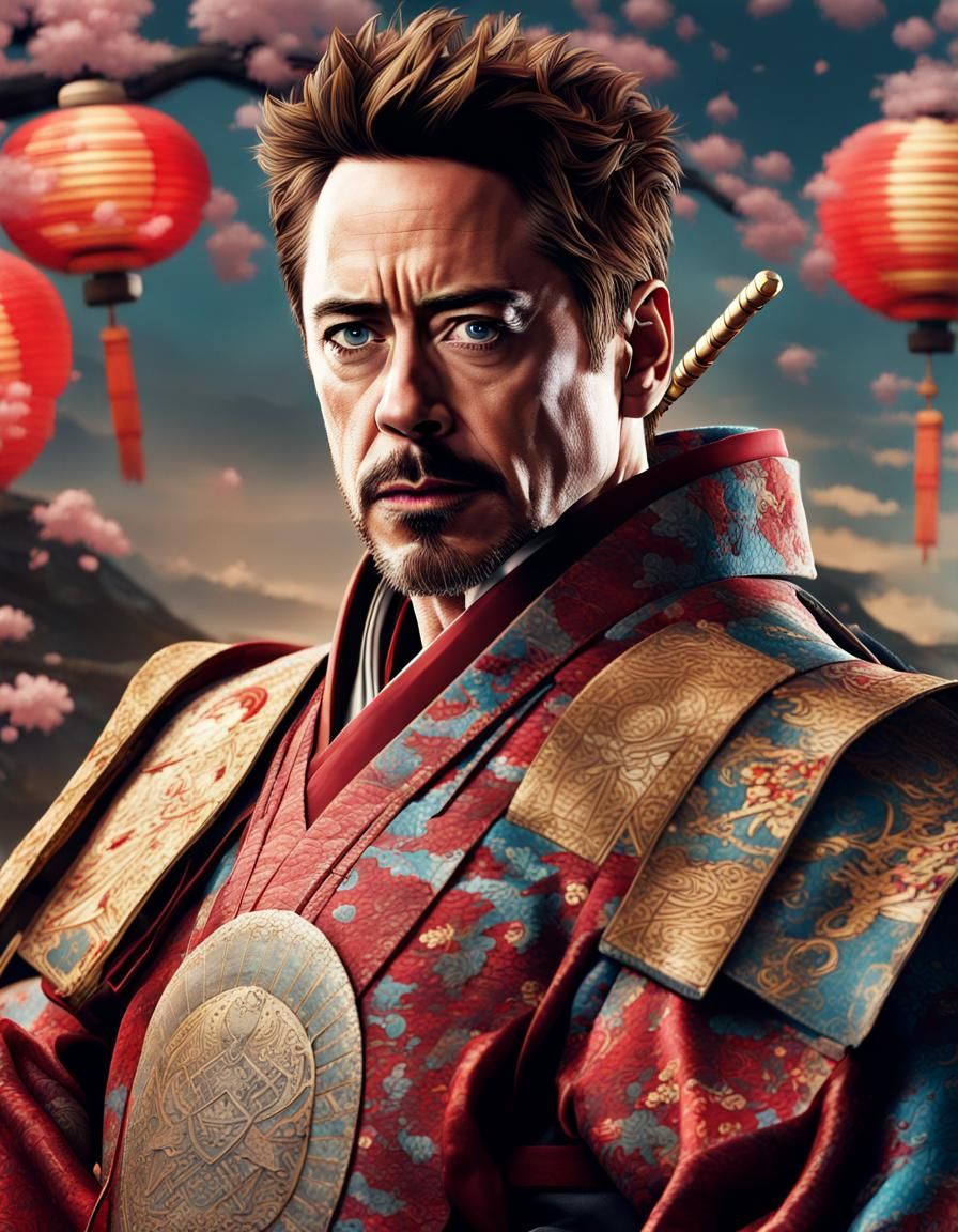 Robert Downey Jr., Tony Stark, Iron-Man dressed as a Medieval Japanese daimyo samurai in Japan, action scene, Marvel Stu...