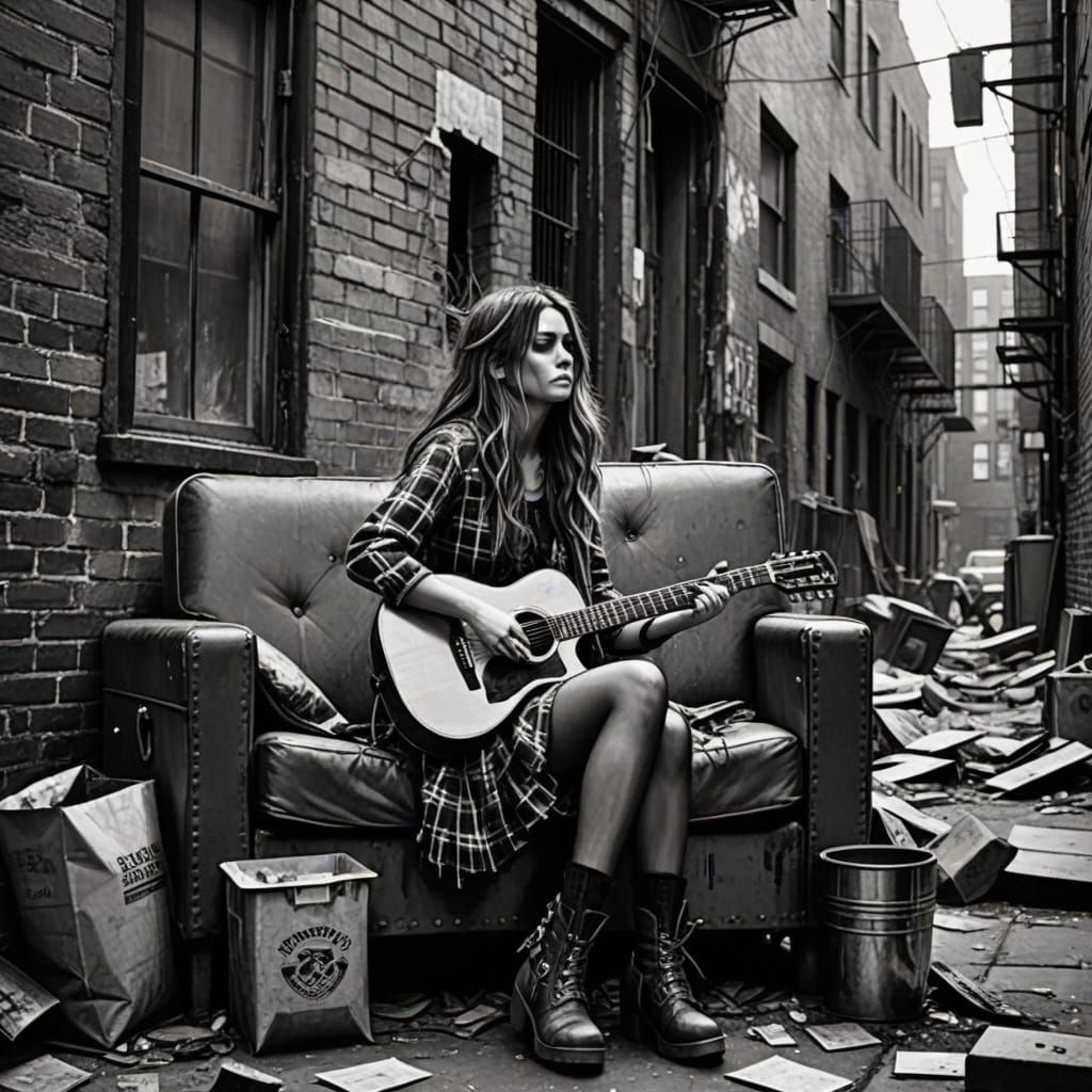 A black and white detailed rendering of a girl with long stringy hair sitting on a tattered couch, wearing a plaid mini skirt and boots, a g...