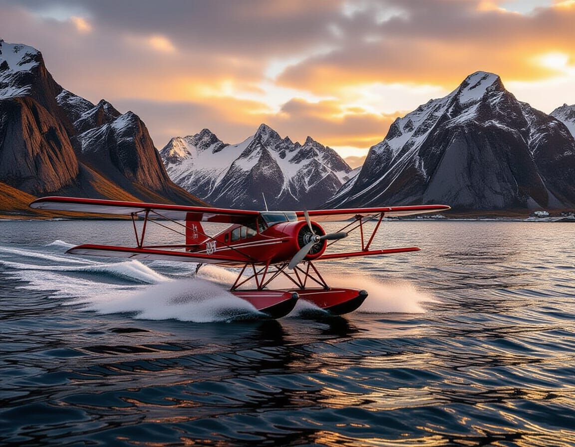 A vintage seaplane landing in the Lofoten islands.   by @Eldorado