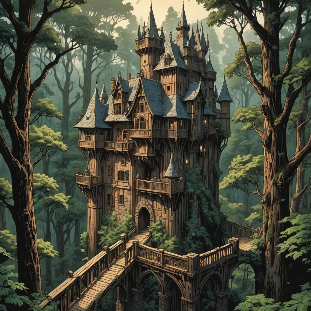 looking out from the balcony of a wooden castle built in a f...