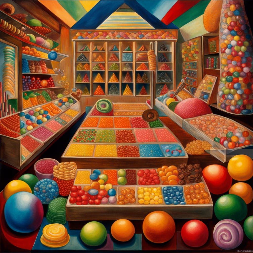 Focus on  candy shop, candies  colorful, joyful, exuberant, ...
