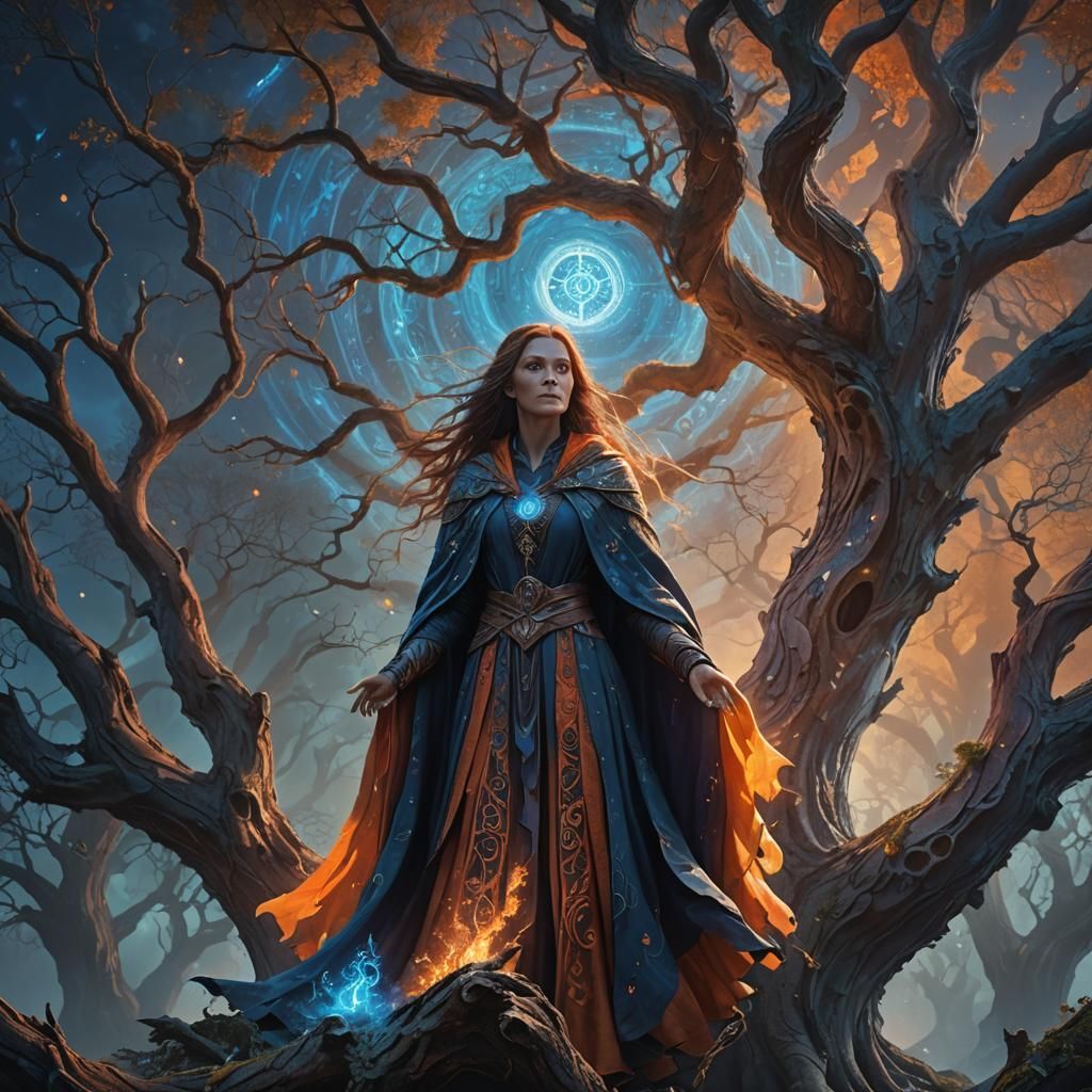 Sorceress on Ancient Tree in Digital Matte Painting