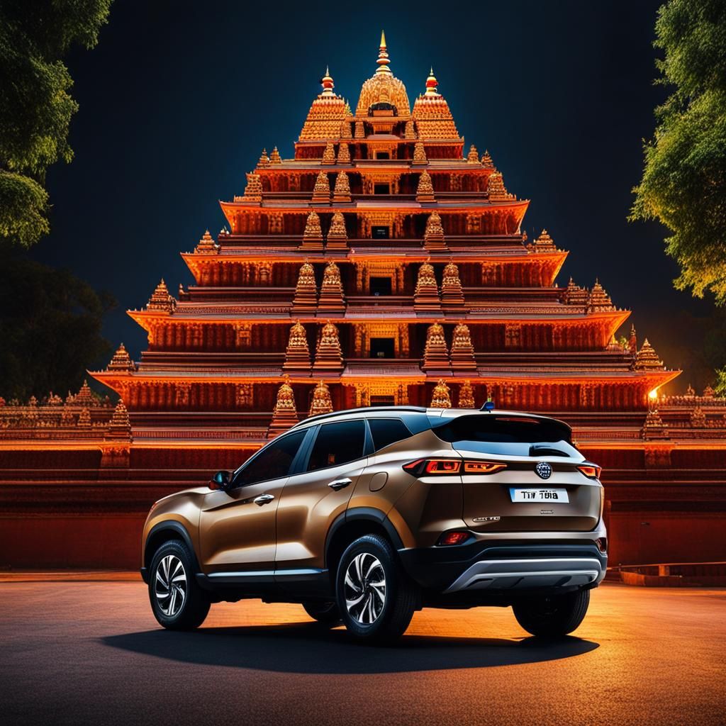 Tata Harrier car in fron of a Temple