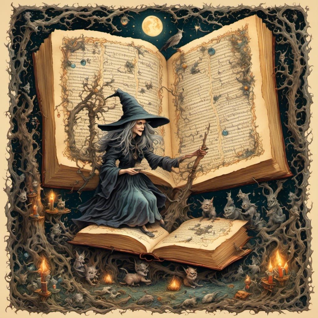 Book of witchery in <lora:books and parchment:1.0> style and <lora:Timmy:1.0> style 