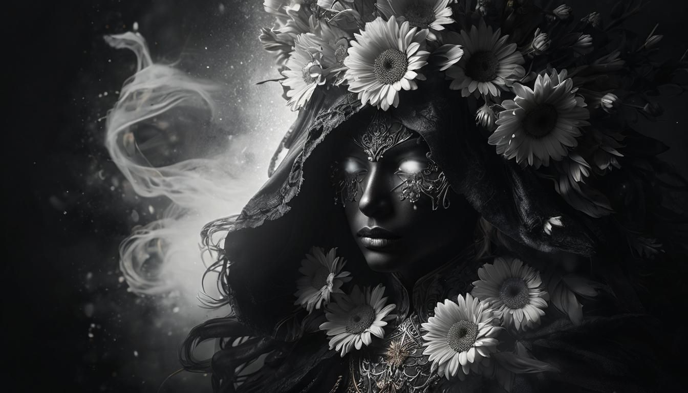Dark Figure Crowned with Daisies: Fantasy Digital Art