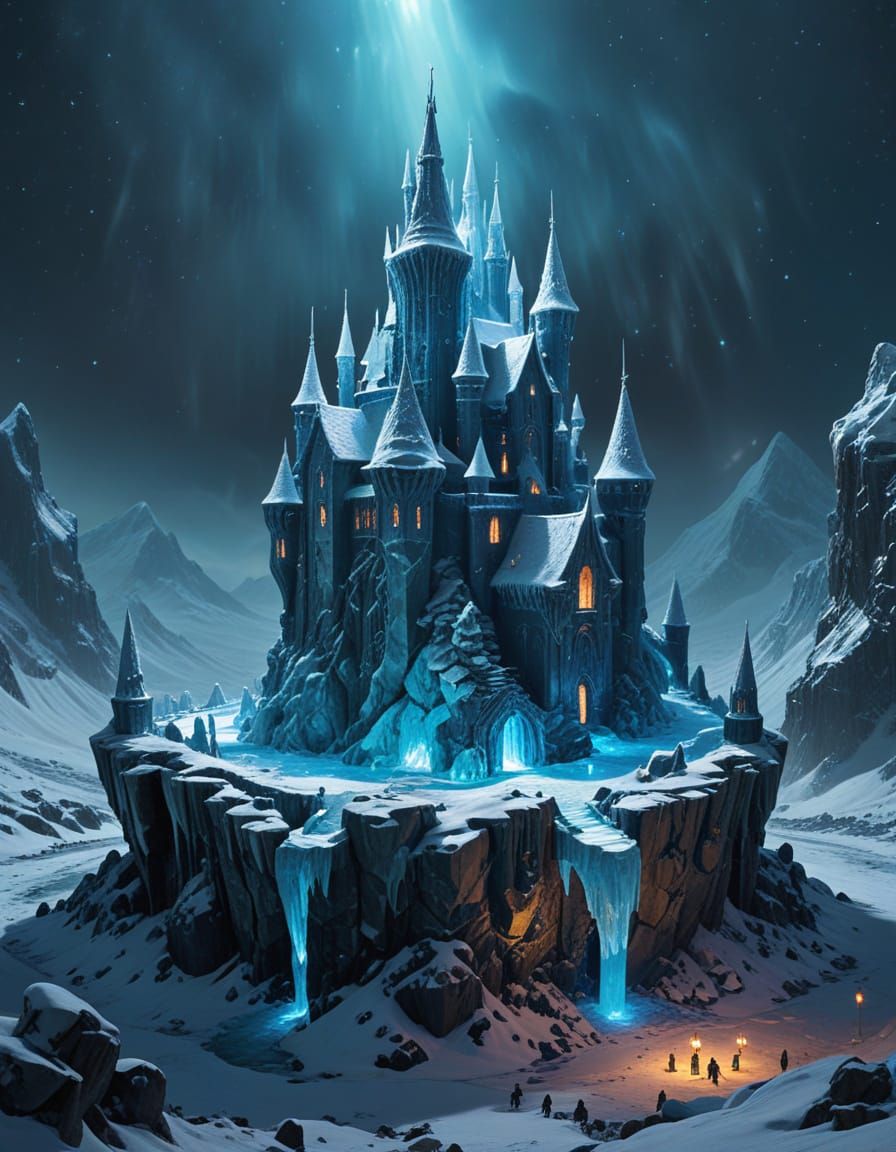 An Ice castle built upon a massive snow golem. The people that live in the ice castle are tiny in comparison to the snow golem they live on....