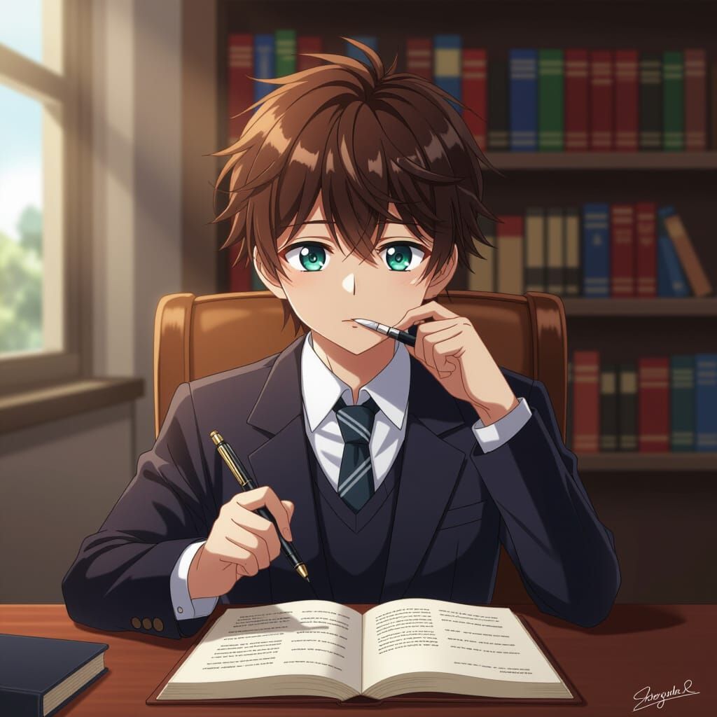 Contemplative Boy with Pencil: Anime Style