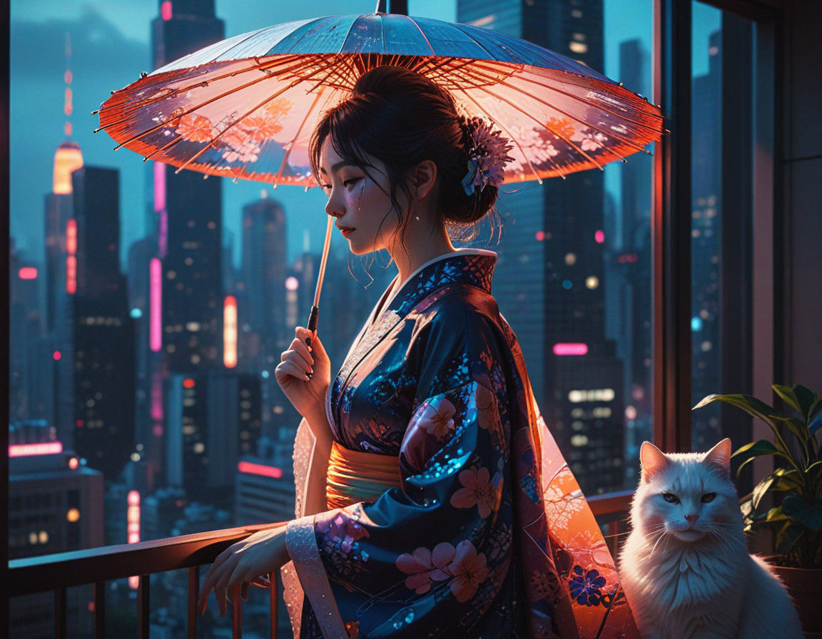 A serene girl in a vibrant, intricately patterned kimono, reminiscent of traditional Japanese watercolor ...  by @fredlef