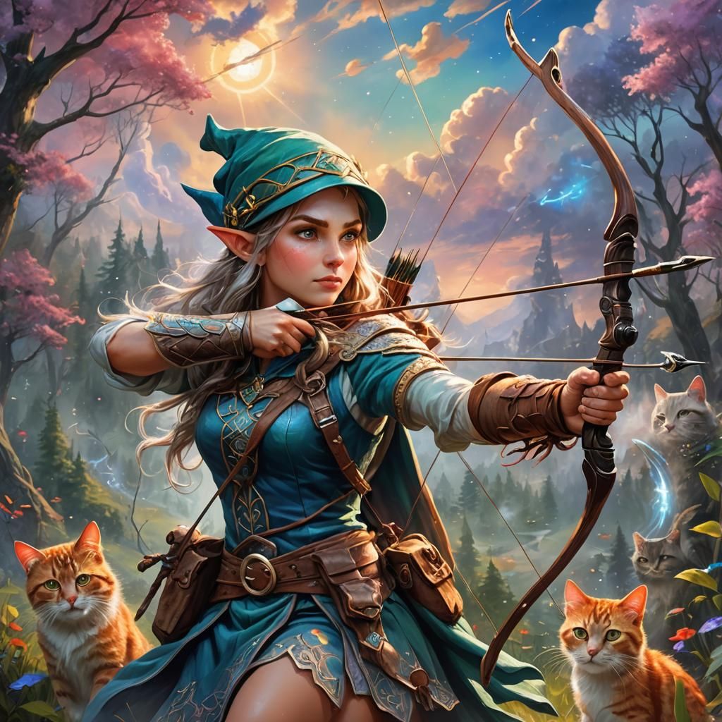 Beautiful elf archer wearing a ranger hat takes aim with her bow and shoots an arrow. Many cats look ...  by @HIKER