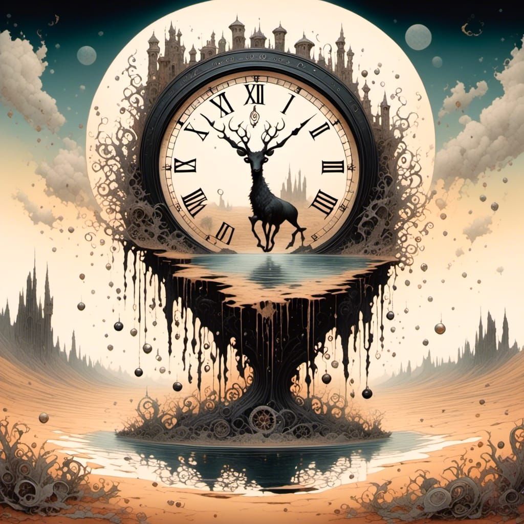  <lora:Venus in Polyester:1.0> A clock with melting numbers, floating above a desert landscape