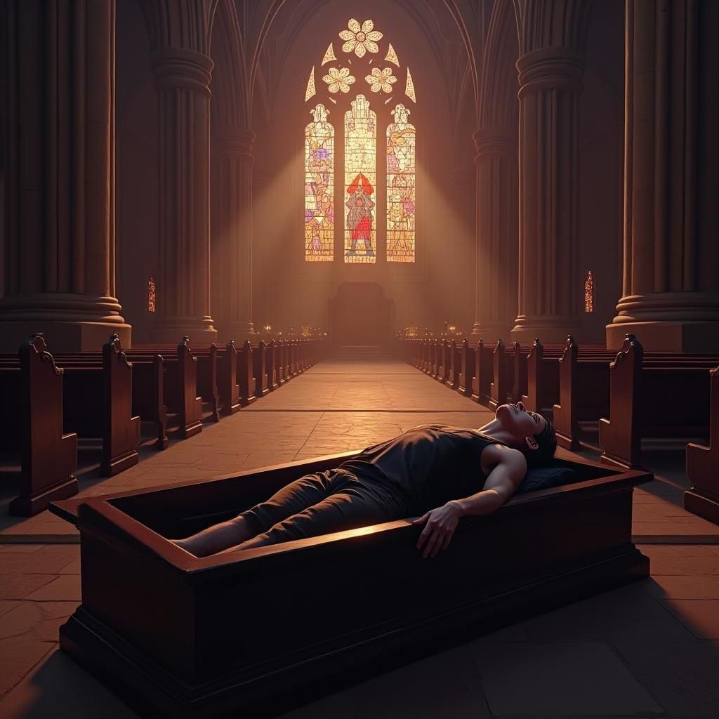 Distance shot of empty pews at funeral of a white dude in a tank top dead in the casket