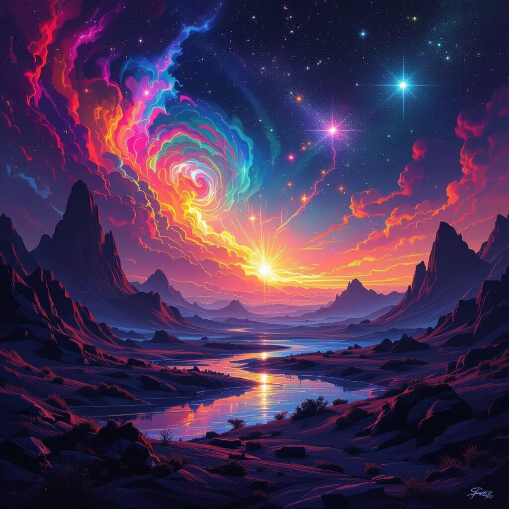 Vibrant Cosmic Landscape in Surreal Digital Art