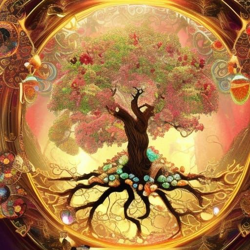 Gemstone-studded, bejewelled, swirling, apple tree of life   by @Dorian