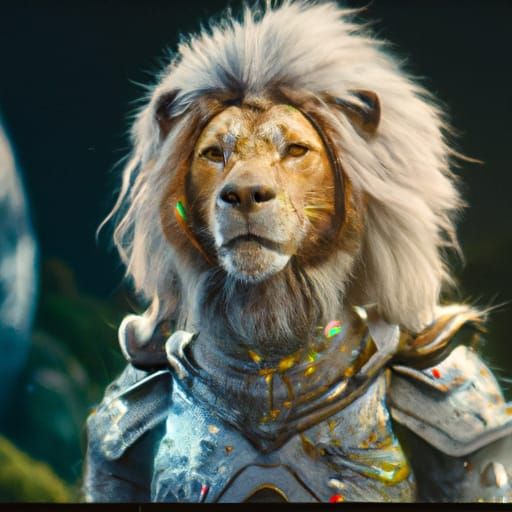 Great Classical Portrait of a white lion with golden mane in golden