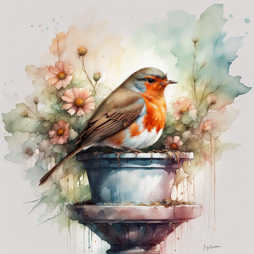 Robin And A Splash Of Flowers - AI Generated Artwork - NightCafe Creator