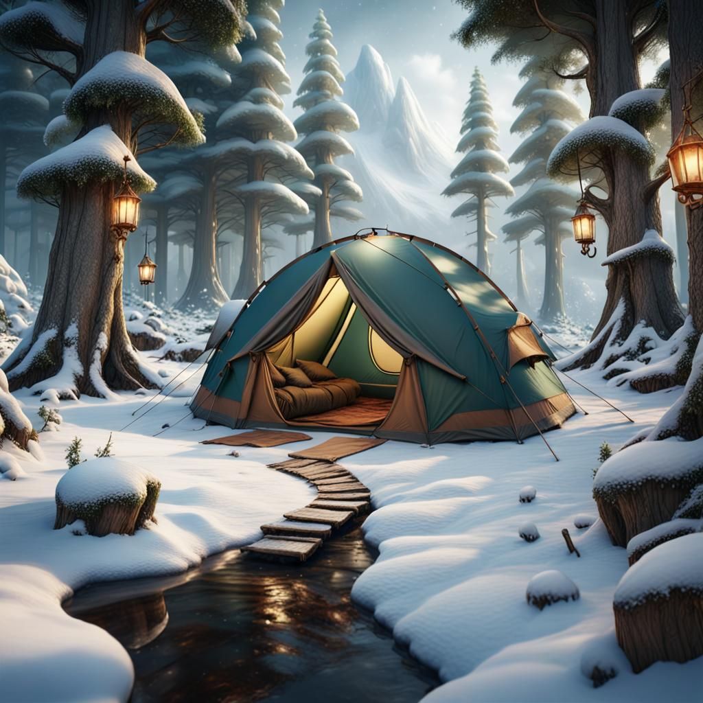 Camping tent in snowy magically enchanted Forest  by @King Rain Phoenix Tilla 