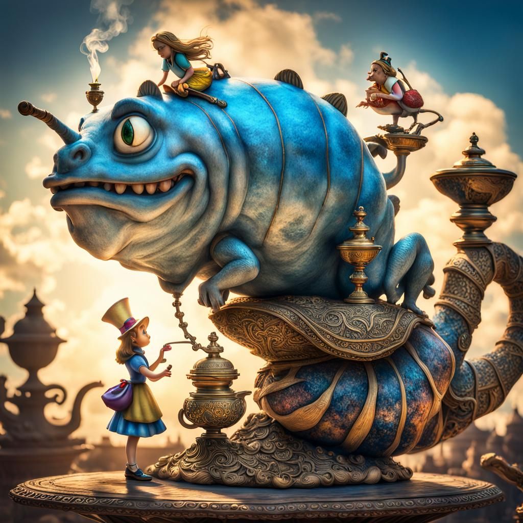 Alice from Wonderland and a caterpillar smoking a pipe sit on Aladdin's lamp