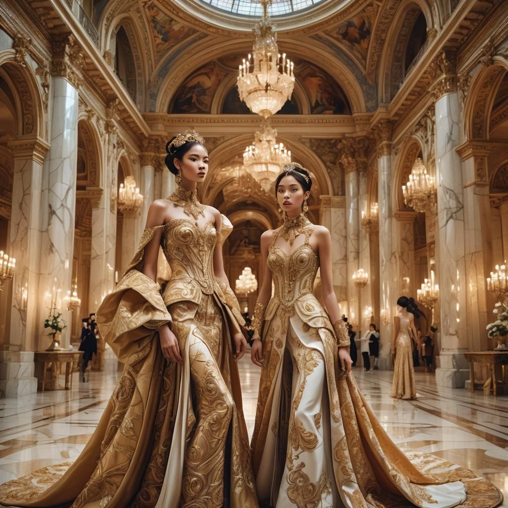 Raphaelite Fashion Illustration in Ornate Hall