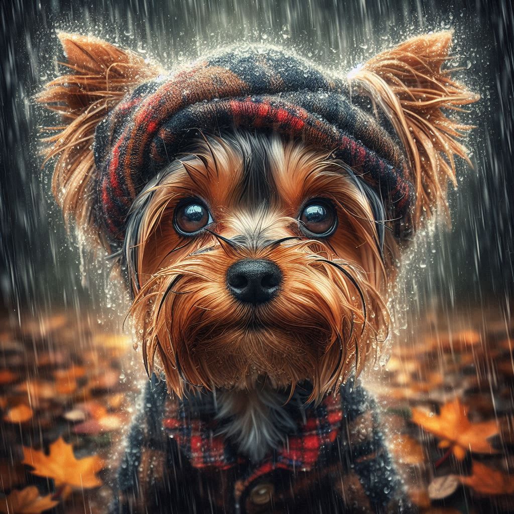 Cute Yorkie in the Rain