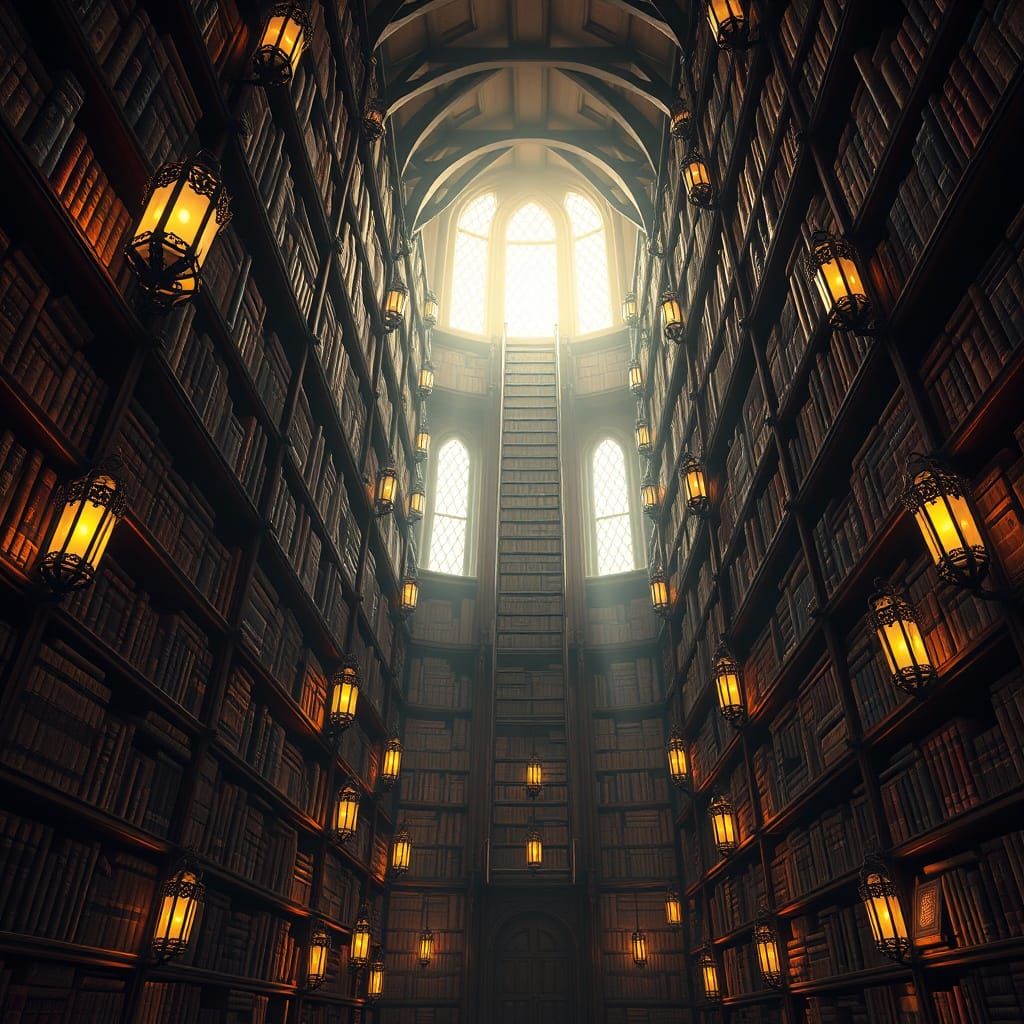 A large library with very long ladders reaching top shelves  by @Art4Everyone