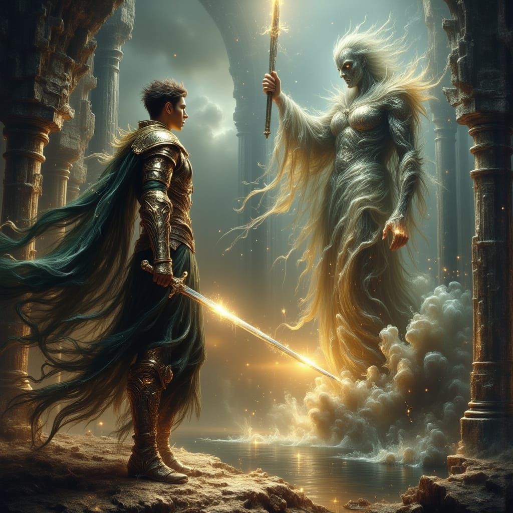 <lora:Exquisite Flux:1.0> <lora:Ethereal Magic Flux:1.0> Epic dark fantasy battle scene: a fierce warrior clad in worn leather armor and a f...