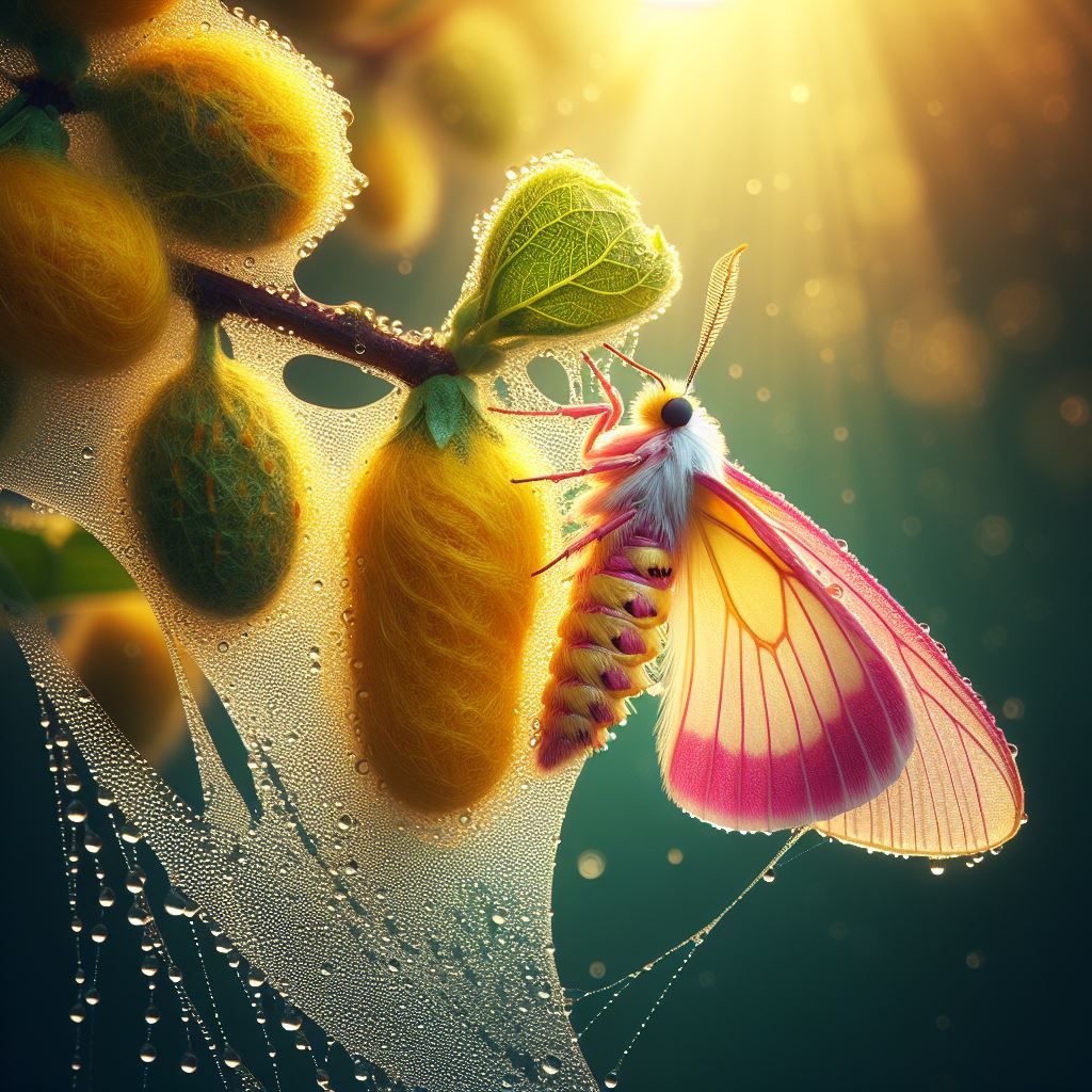 🐛🌿🍃🥣🧶 🦋 Sellow silk worm cocoon on a lush mulberry bra...