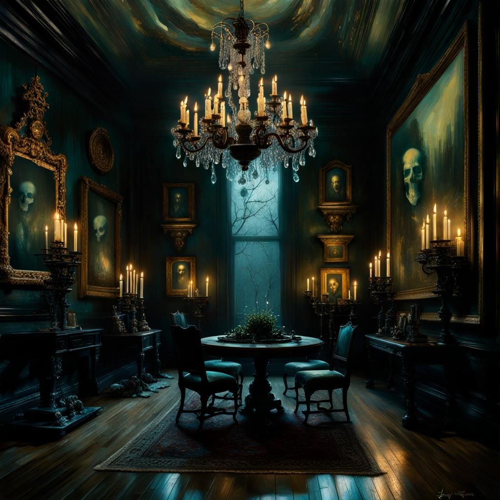 simple paranormal activity in an enchanted room, chandelier, skulls ...