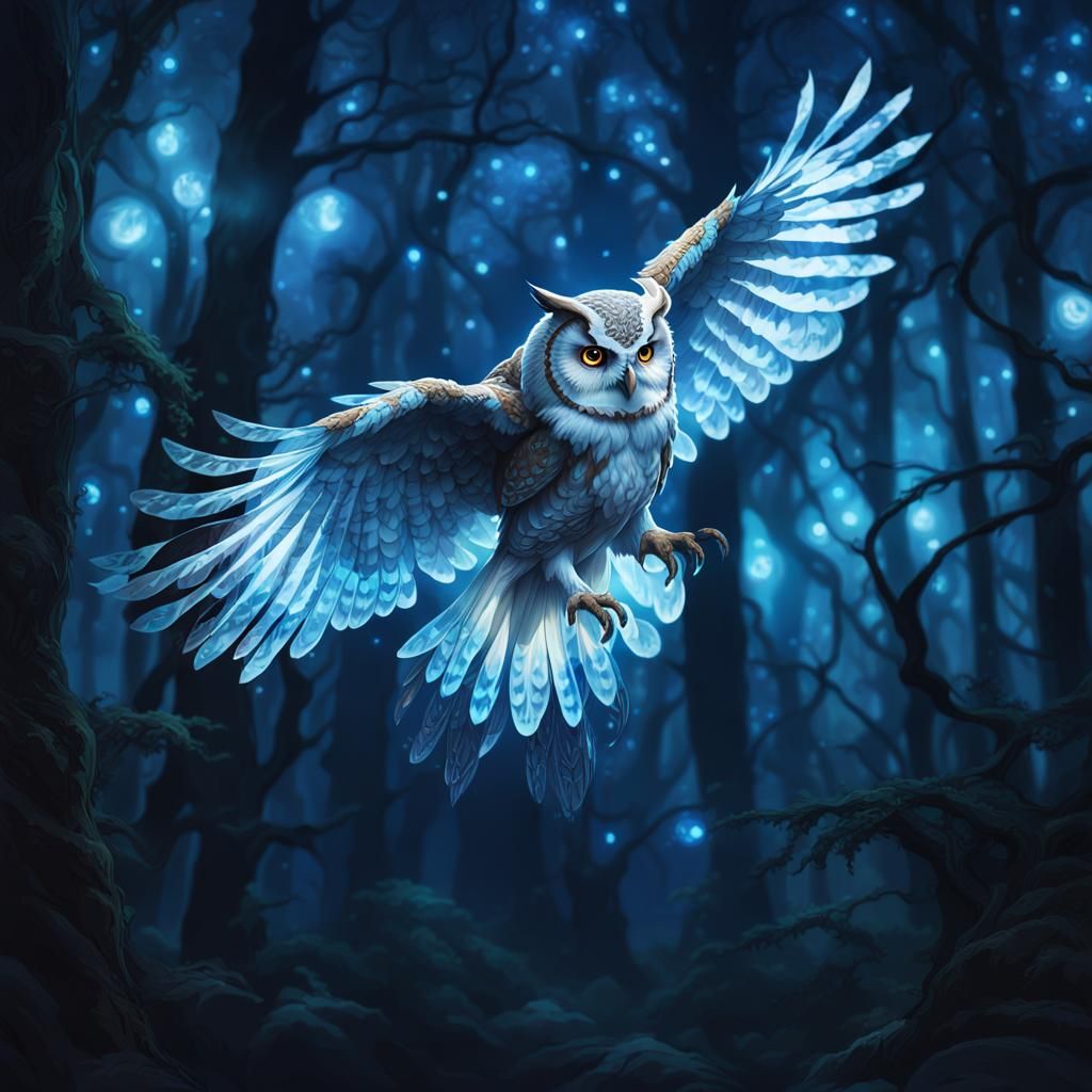 A majestic owl fly on a dark forest