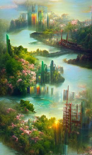 Forest city, with hyperdetailed buildings in many styles, al...
