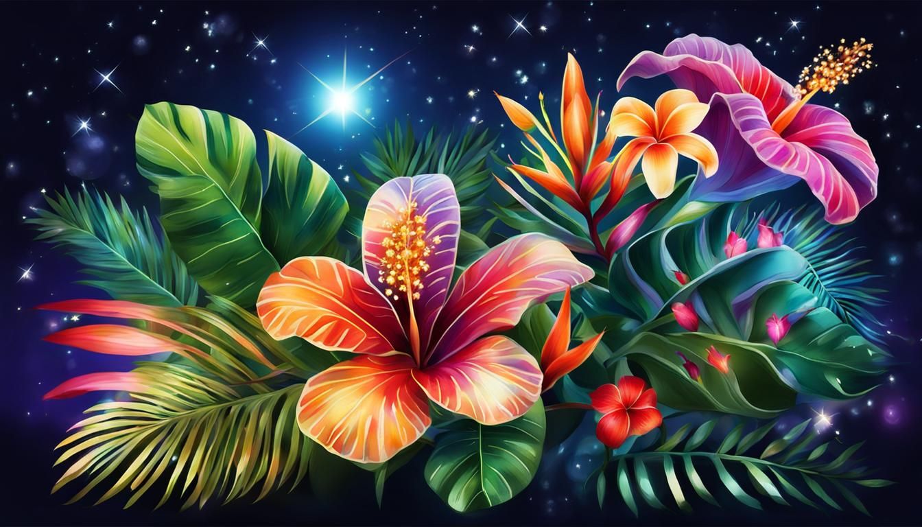 Bouquet of tropical flowers , luminous, sparkles, night time...