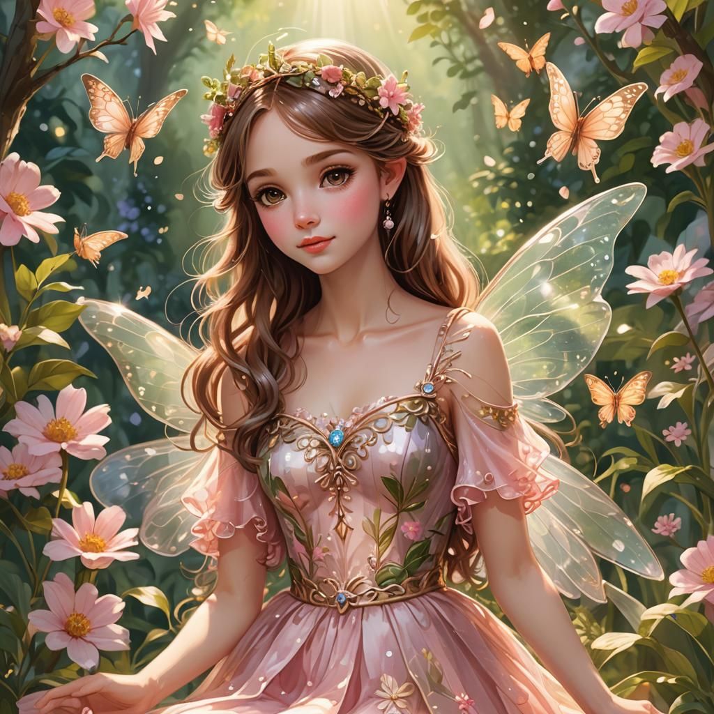 A delightful illustration of a tiny fairy perched gracefully...
