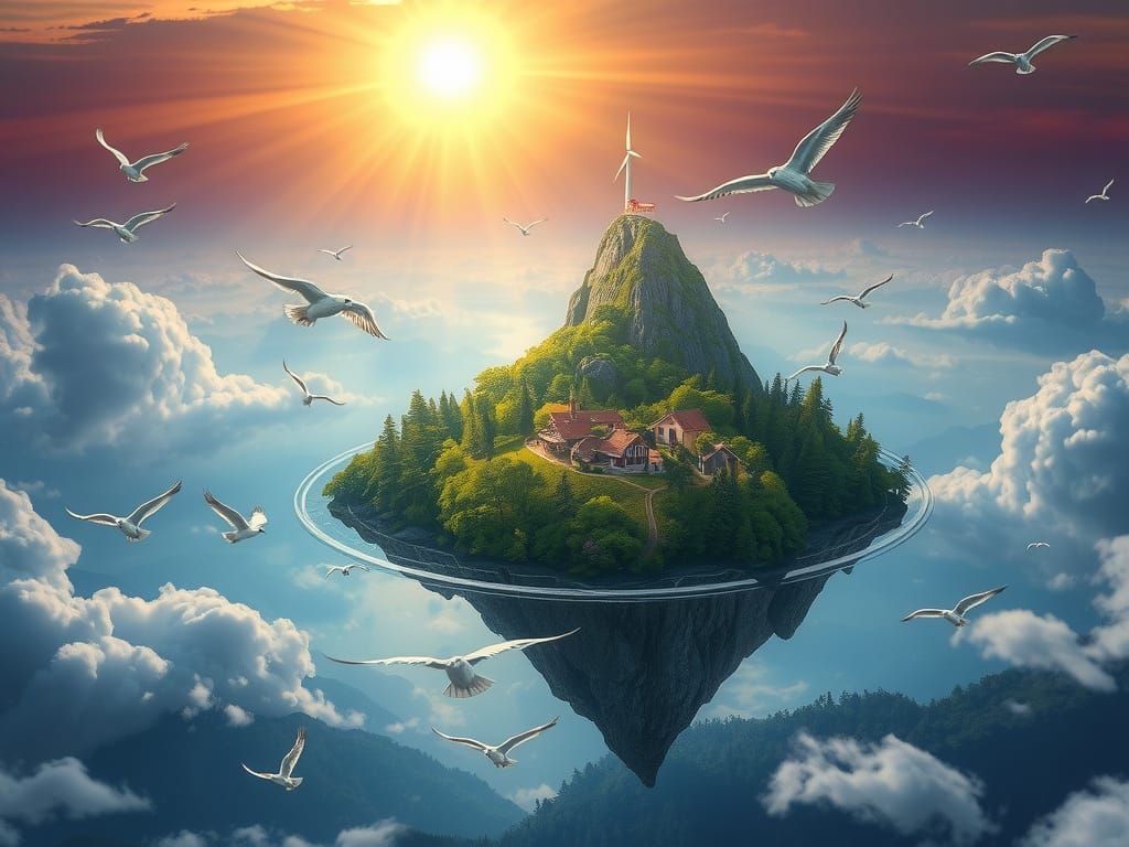 Eine fliegende Insel im Himmel angetrieben durch Windkraft, auf der Insel ist ein Berg, wo Energie durch ...  by @Replicant79