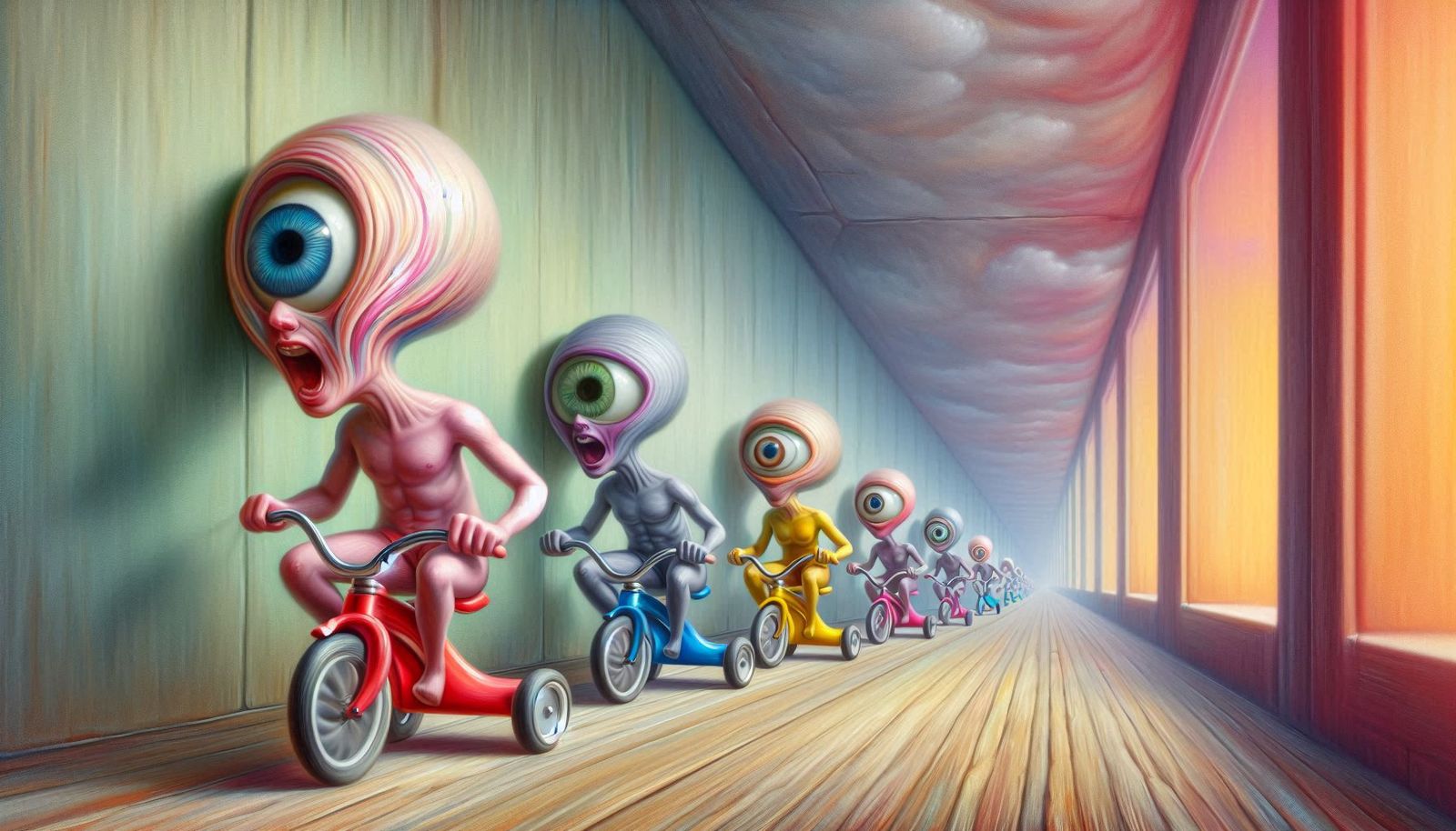 Surreal Funny Adults Racing Tricyles down a Hallway #1, prom...