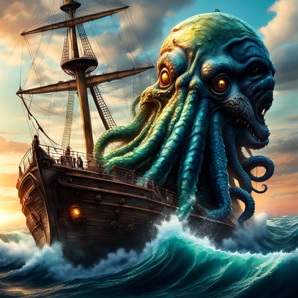 Kraken by a ship in the ocean