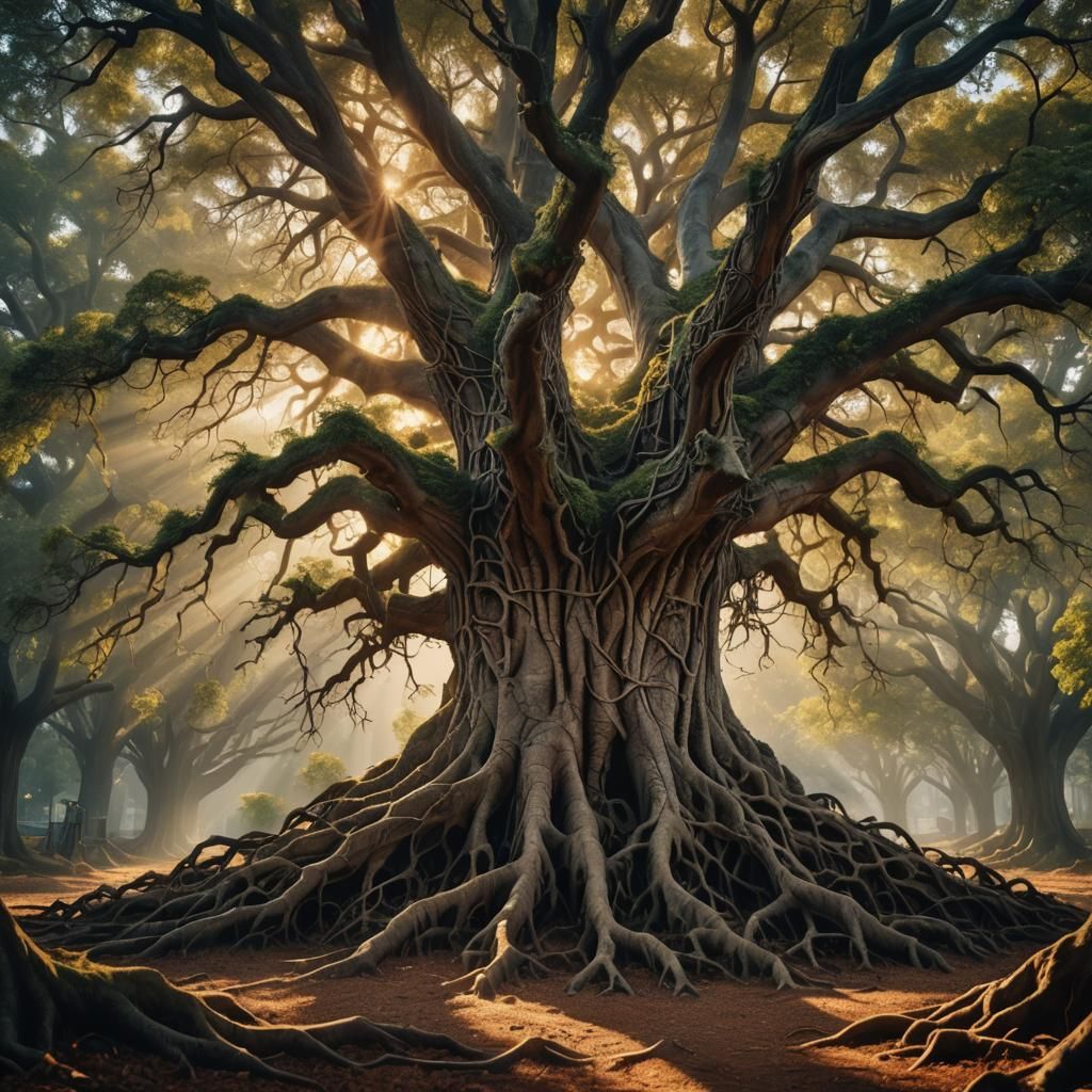 Hyperrealistic Tree Root Network in Golden Light