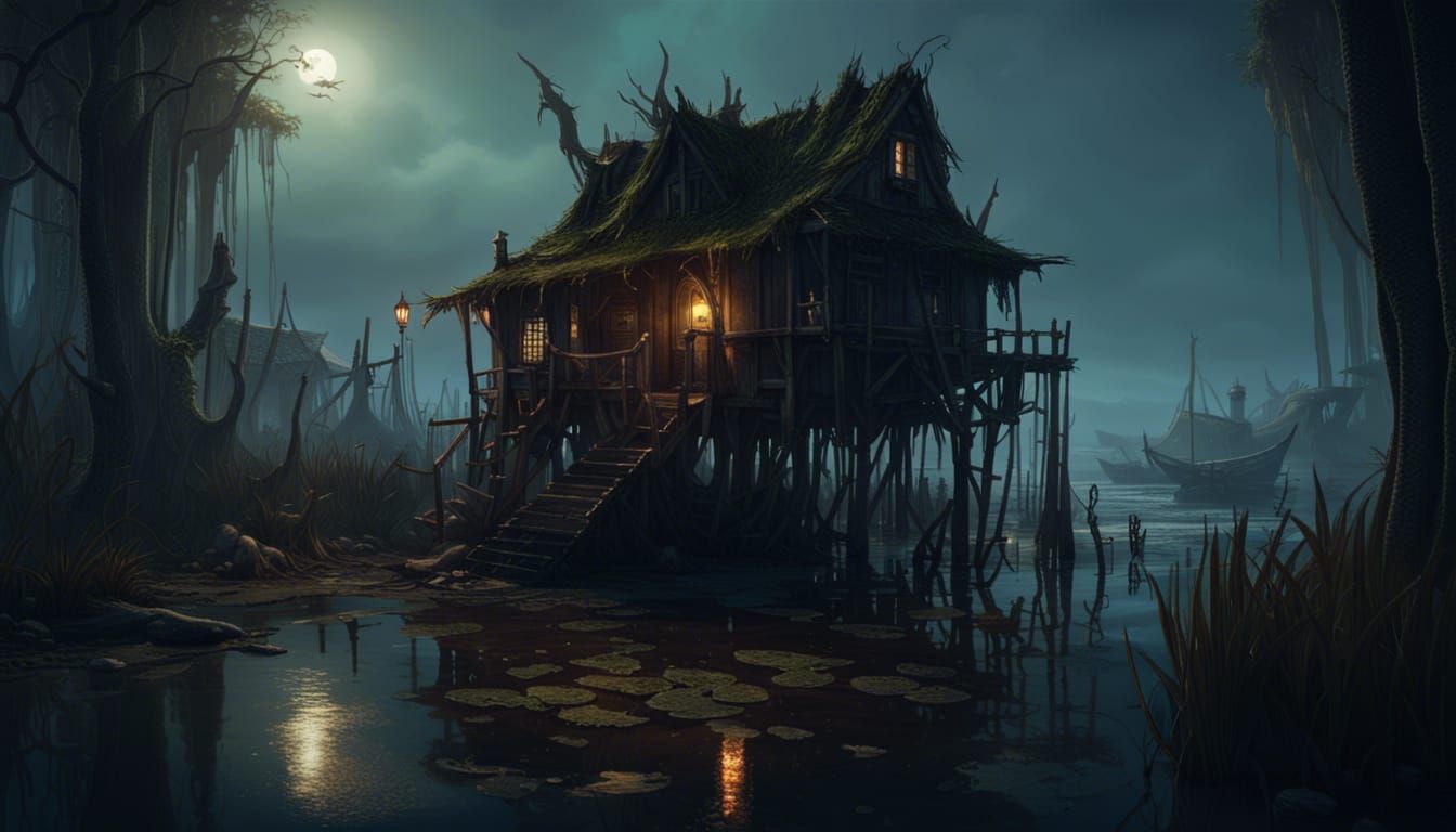 "coastal swamp with a dilapidated witches hut on stilts.