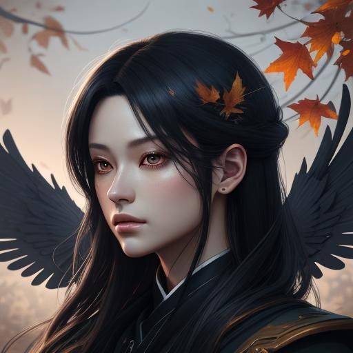 Dark Angel in Autumn Garden: Anime-Inspired Concept Art