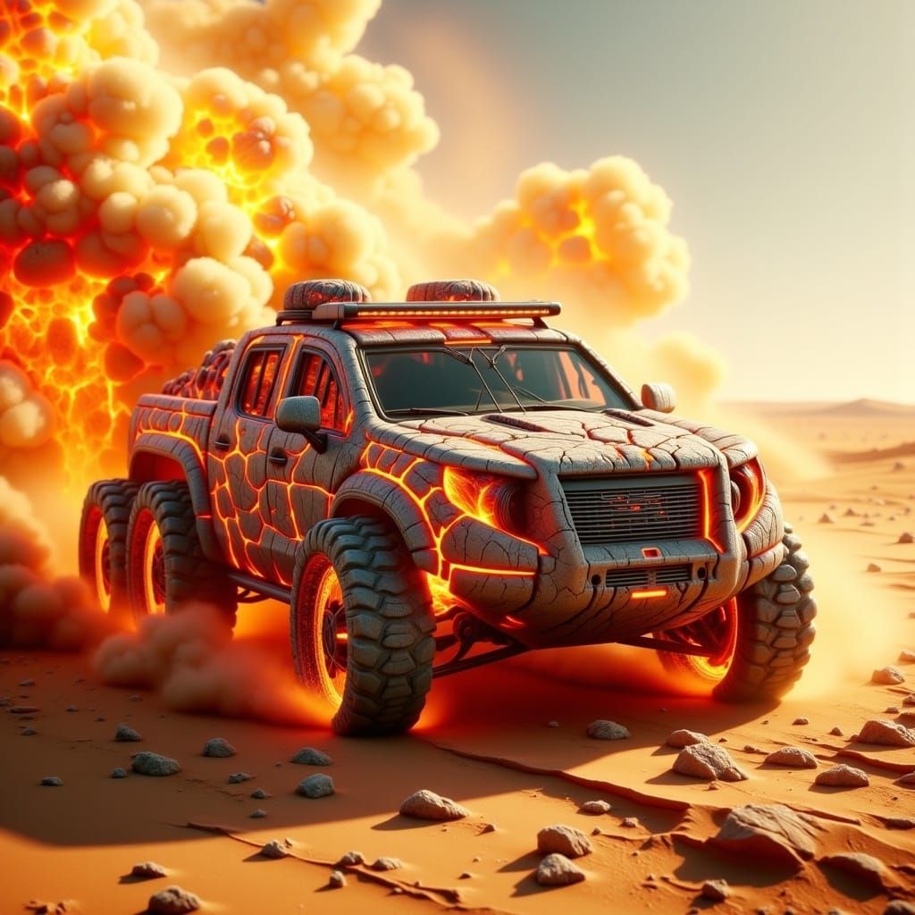 <lora:Magmafication Flux:1.0> Mad Max driving through a desert wasteland, dust and fire swirling behind his armored vehicle. made out of cr...